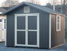 Pine Creek 10x10 HD Peak Front with Ebony Polyurethane walls, Beige trim and Beige shutters, and Shadow Gray shingles